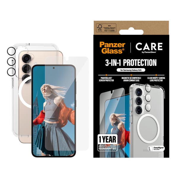 PanzerGlass ® | CARE™ by ® 3-in-1 Bundle Samsung Galaxy S25 Genomskinligt skärmskydd 1 styck