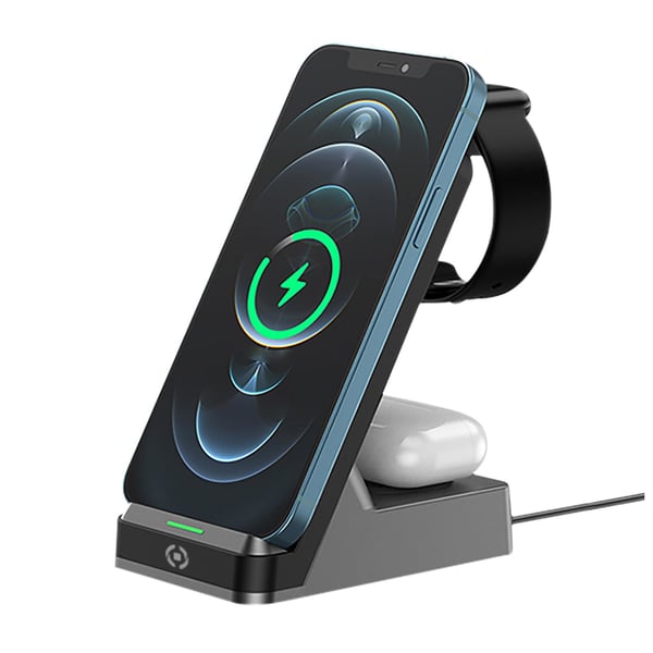 Celly WLSTAND3IN1BK mobilladdare Digitalkamera, Spelkontroller, Hörlurar, Mobiltelefon, Powerbank, Smartphone, Smartwatch, Surfplatta, Klocka, Kroppsburen teknik Grå AC Trådlös laddning inomhus