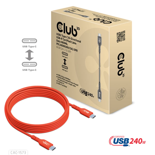 CLUB3D CAC-1573 USB-kaapeli USB 2.0 2 m USB C 0,48 Gbit/s 240 W Punainen