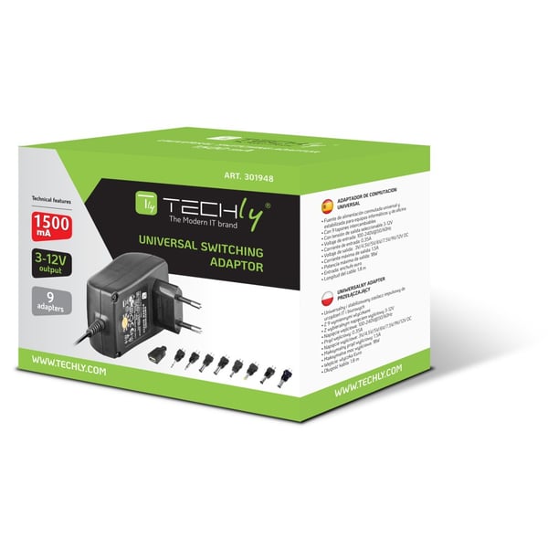 Techly IPW-NTS1500G strømadapter og vekselret Indendørs 18 W Sort