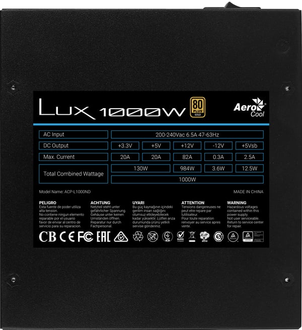 Aerocool LUX enhed til strømforsyning 1000 W 20+4 pin ATX ATX Sort, Blå