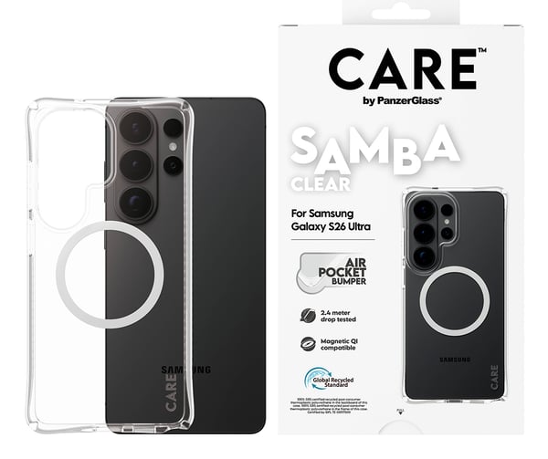 PanzerGlass CARE™ by ® Samba Case Transparant m. Hvid Qi Samsung Galaxy S26 Ultra