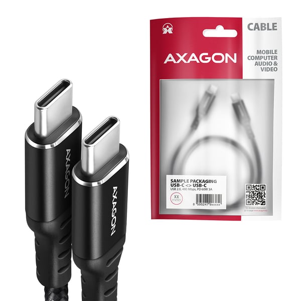 Axagon Data and charging USB 2.0 cable 1.5 m long. PD 60W, 3A. Black braided. USB-kabel 1,5 m USB C 0,48 Gbit/sek. Sort