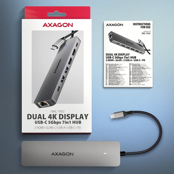 Axagon HMC-7HX2 kannettavien tietokoneiden telakka ja porttitoistin Langallinen USB 3.2 Gen 1 (3.1 Gen 1) Type-C Harmaa