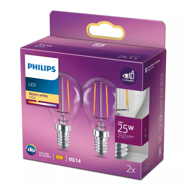 Philips Filamentkronljuskälla klar 25 W P45 E14 x2