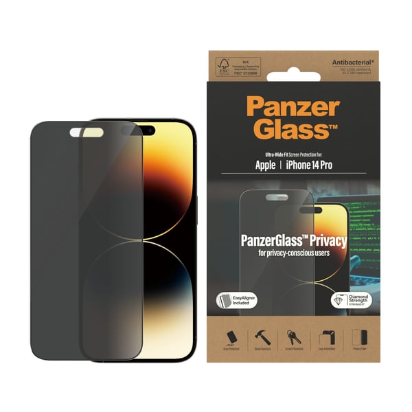 PanzerGlass ® Privacy Screen Protector iPhone 14 Pro | Ultra-Wide Fit w. EasyAligner Genomskinligt skärmskydd Apple 1 styck