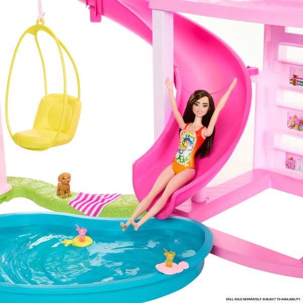 Barbie Dreamhouse Adventures Dreamhouse, over 75 dele, dukkehus til poolparty med en vandrutsjebane, der er tre etager høj