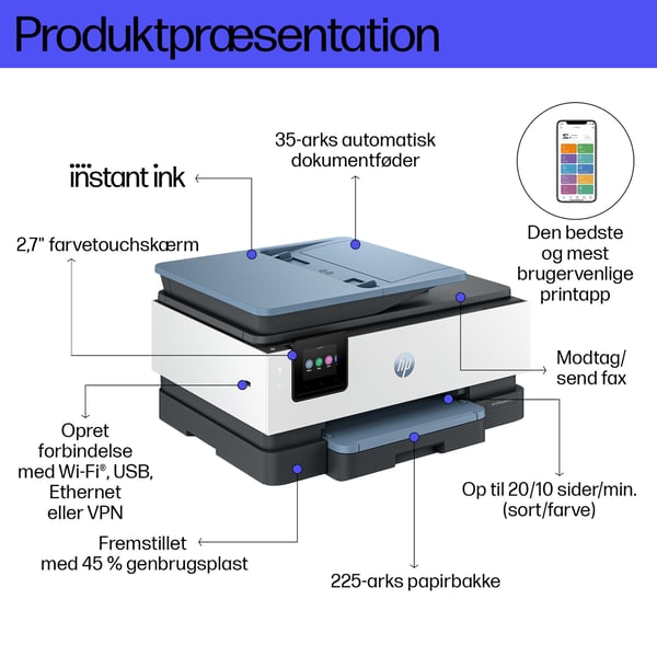 HP OfficeJet Pro 8135e Trådløst All-in-One Farve Printer, Instant Ink; 2-sidet printning