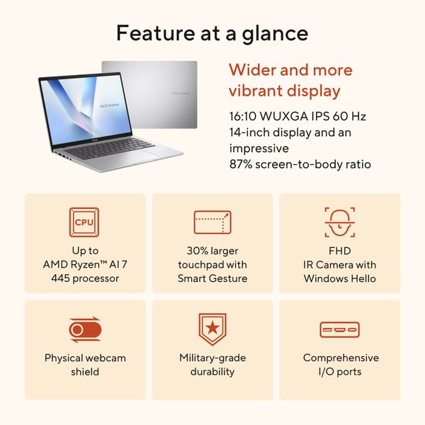 ASUS Vivobook 14 M1407GA-LY012W Copilot+ PC AMD Ryzen AI 7 445 Laptop 35,6 cm (14") WUXGA 16 GB DDR5-SDRAM 512 GB SSD Wi-Fi 6 (802.11ax) Windows 11 Home Sølv QWERTY Hollandsk