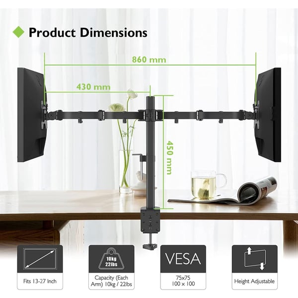 Techly ICA-LCD 382-D fäste och ställ till bildskärm 68,6 cm (27") Bord Svart