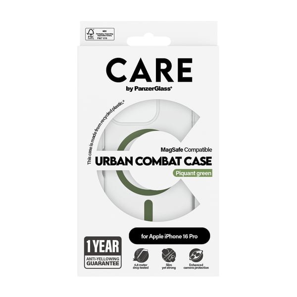 PanzerGlass CARE™ by ® Urban Combat Case Transparent m. Grøn MagSafe iPhone 16 Pro