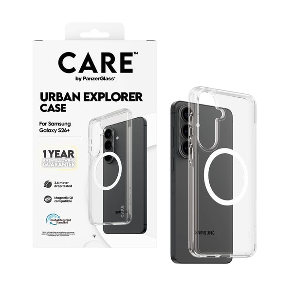 PanzerGlass CARE™ by ® Urban Explorer Case Transparant m. Hvid Qi Samsung Galaxy S26+