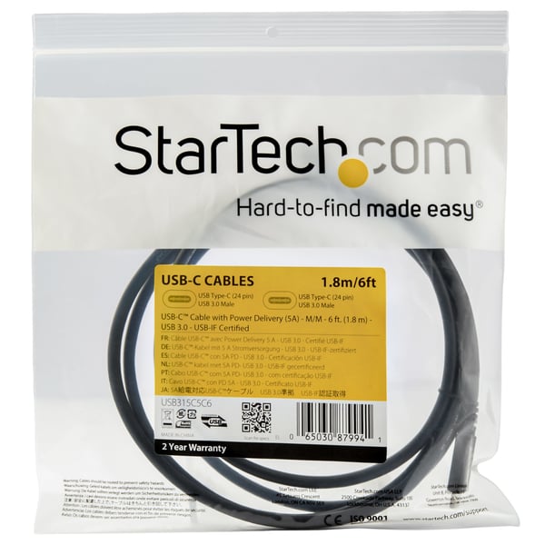 StarTech.com USB-C til USB-C kabel med 5A Power Delivery - St/St - 1,8 m - USB 3.0 (5 Gbit/s)