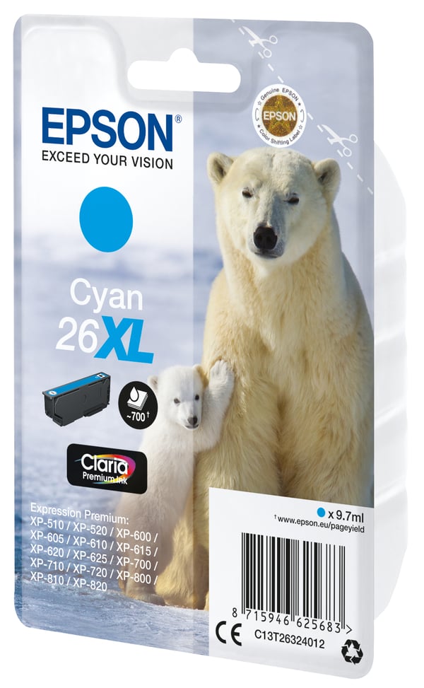 Epson Polar bear 26XL isbjørn Claria Premium enkeltpakke cyan blæk Epson Polar bear 26XL isbjørn Claria Premium enkeltpakke cyan blæk