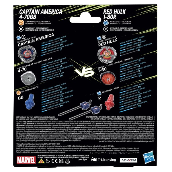 Beyblade X och Marvel Collab Captain America 4-70GB vs. Red Hulk 1-80R