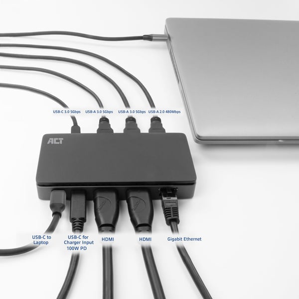ACT AC7093 kannettavien tietokoneiden telakka ja porttitoistin Langallinen USB 3.2 Gen 1 (3.1 Gen 1) Type-C Musta, Harmaa