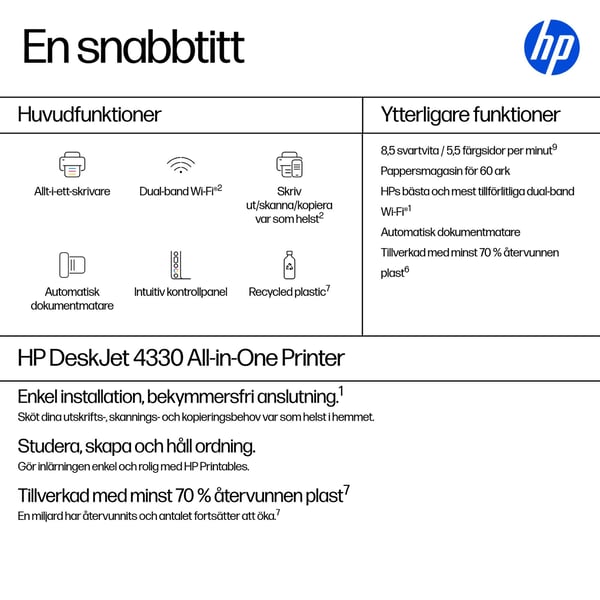 HP DeskJet 4330 Trådlöst All-in-One Färg Skrivare, Instant Ink