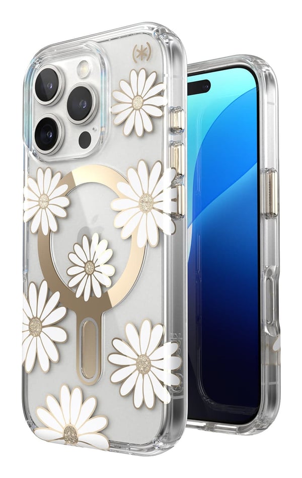 Speck Presidio Lux ClickLock & MagSafe - Cover til iPhone 16 Pro (Sunshine Daisies / Klar / Guld)