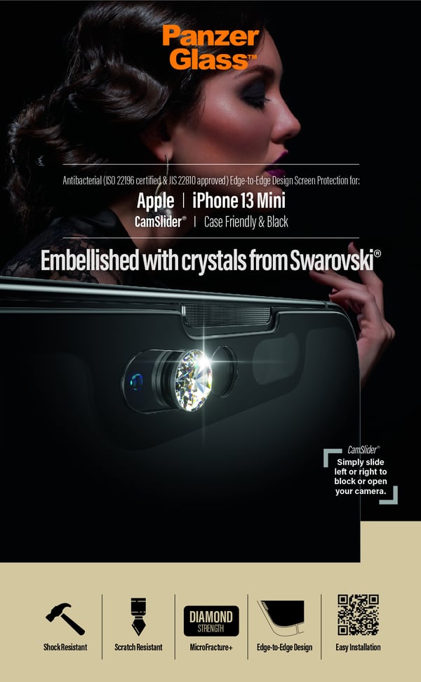 PanzerGlass ® CamSlider® Skærmbeskyttelse iPhone 13 Mini - Embellished m. crystals fra Swarovski® | Edge-to-Edge