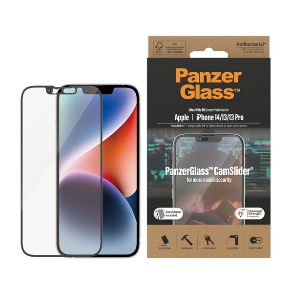 PanzerGlass ® CamSlider® Skærmbeskyttelse iPhone 14 | 13 | 13 Pro | Ultra-Wide Fit m. EasyAligner