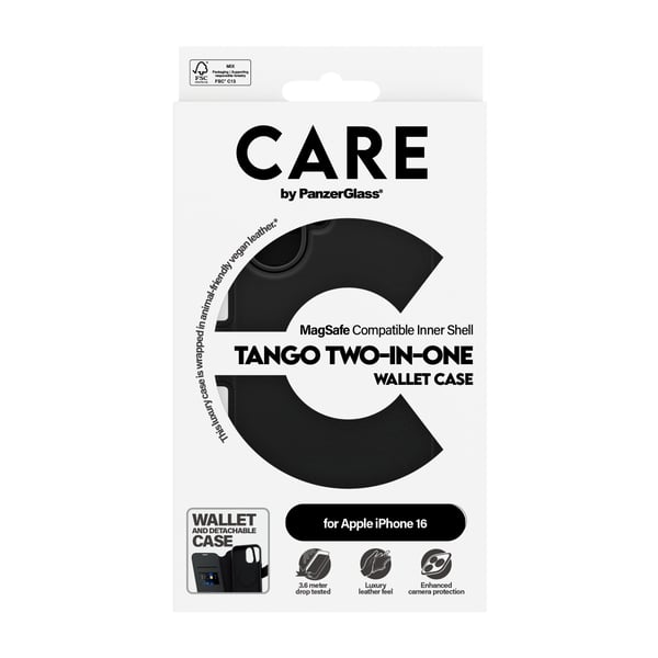 PanzerGlass CARE™ by ® Tango 2-in-1 Wallet Case w. MagSafe iPhone 16 matkapuhelimen suojakotelo Suojus Musta