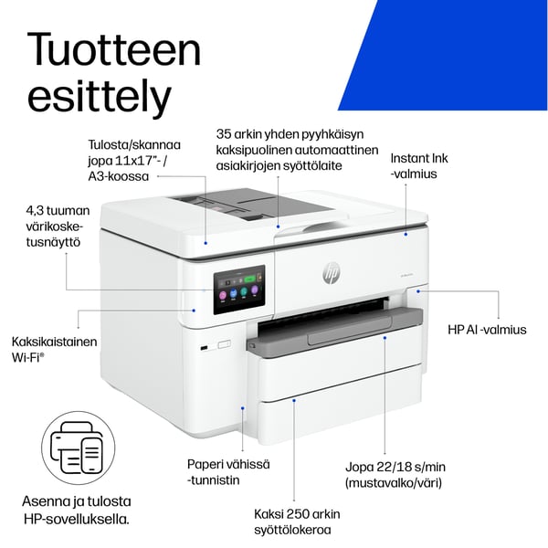HP OfficeJet Pro 9730e Langaton All-in-One Väri Tulostin, Instant Ink; kaksipuolinen tulostus