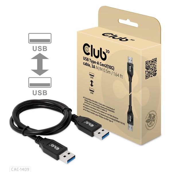 CLUB3D USB Type-A Gen2(10G) cable, 3A M/M 0.5m / 1.64 ft