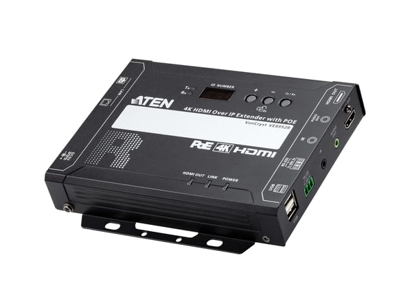 Aten 4K HDMI over IP -vastaanotin PoE-virransyötöllä, USB-oheislaitetuen, IR / RS-232 / Ethernet (WebGUI) -ohjauksen ja ketjutettavuuden kera