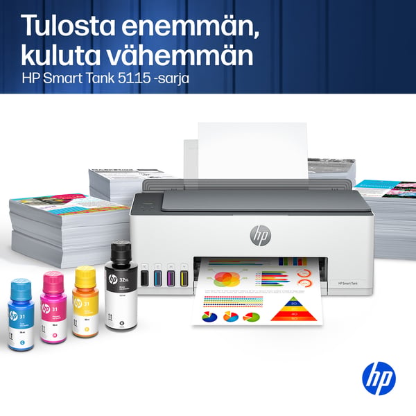 HP Smart Tank 5115 Langaton All-in-One Väri Tulostin, Up to 2 Years of ink included; Two-sided printing; Copier, Scanner