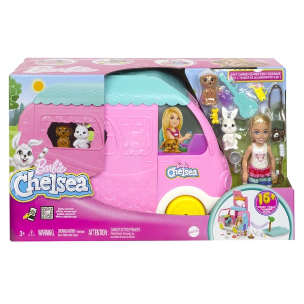 Barbie Chelsea 2 i 1-autocamper og lille -dukke, 2 kæledyr og 15 stk. tilbehør