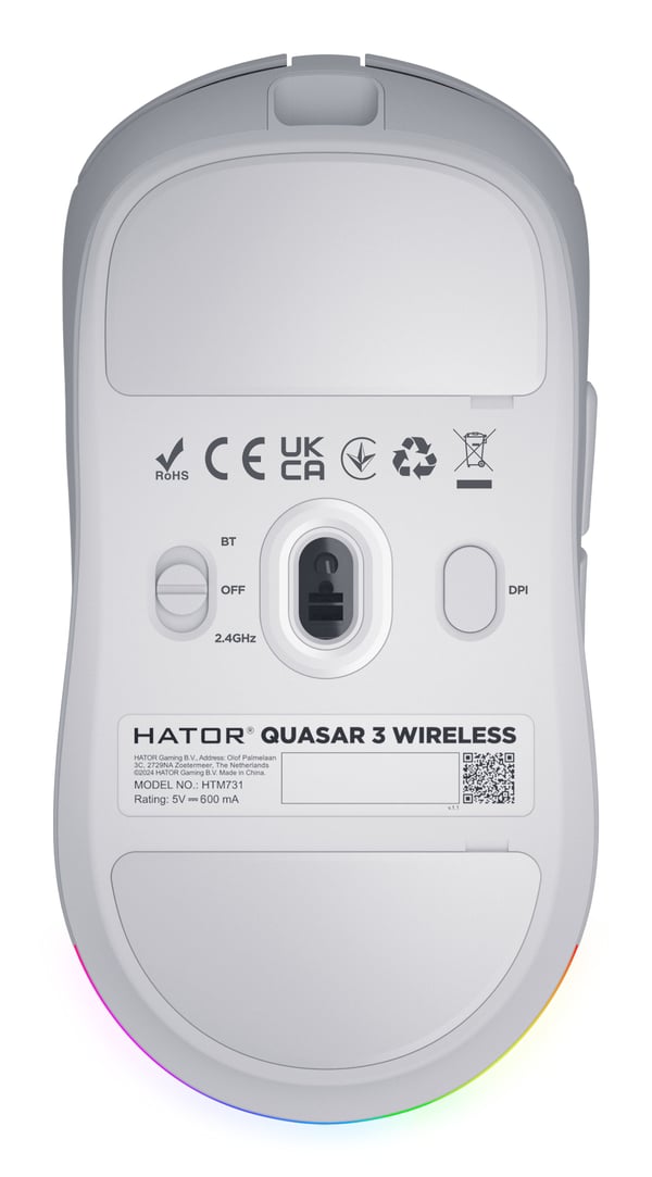HATOR Quasar 3 Wireless pelihiiri, 2.4 GHz + Bluetooth + USB, Optical Yellow 100M Switches, PixArt PAW3311, RGB, Web SyncHUB™, Valkoinen