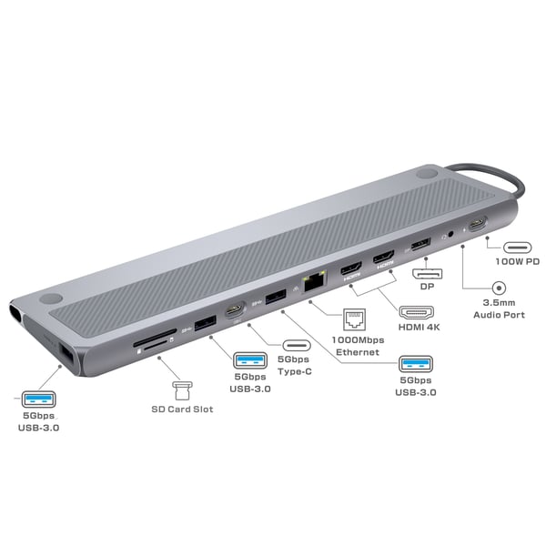 Ewent EW1150 kannettavien tietokoneiden telakka ja porttitoistin Langallinen USB 3.2 Gen 1 (3.1 Gen 1) Type-C Alumiini