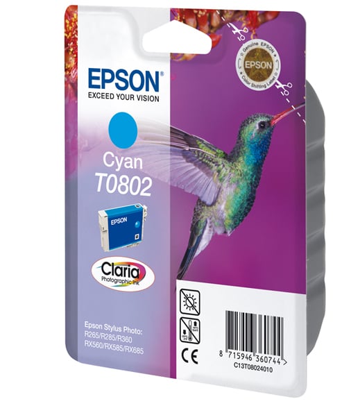 Epson Hummingbird T0802 Cyan Ink Cartridge ( ) blækpatron 1 stk Original Blå Epson Hummingbird T0802 Cyan Ink Cartridge ( ) blækpatron 1 stk Original Blå
