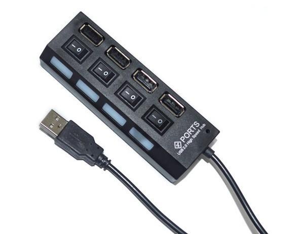 4 porter USB Hub 2.0 høyhastighets hub av/på - bryter med LED - lampe
