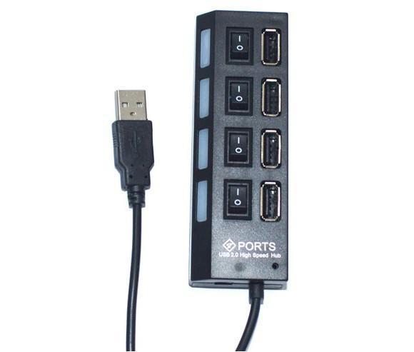 4 porter USB Hub 2.0 høyhastighets hub av/på - bryter med LED - lampe