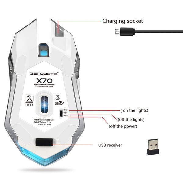ZERODATE X70 2,4 GHz langaton 2400 DPI optinen pelihiiri LED