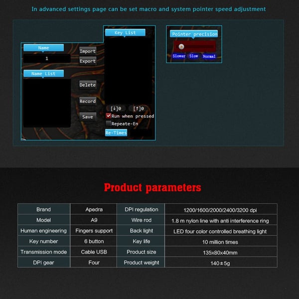 Apedra iMICE A9 USB 6 painiketta 3200 DPI