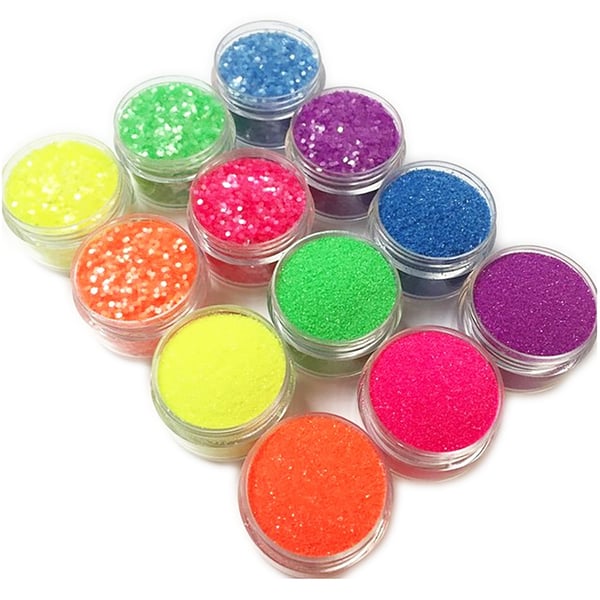 12 bokser med glitter for negledekorasjon finkornet / sekskant