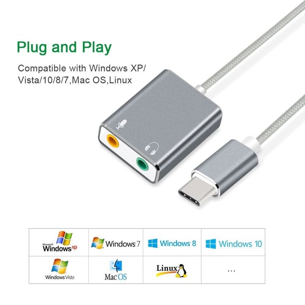 USB-C Lydadapter Ekstern Stereo Lydkortadapter med 3,5 mm