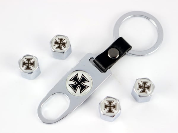Ventilhattar Malteserkors fyra st + nyckelring styling fint set. SIlver/svart/vit.