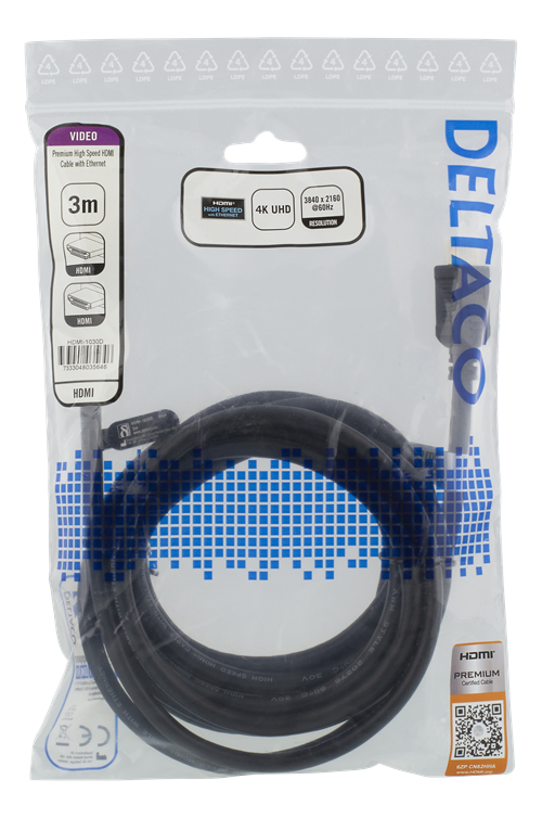 DELTACO HDMI 2.0 - kabel, HDMI Type A ha, gullbelagt, 3m