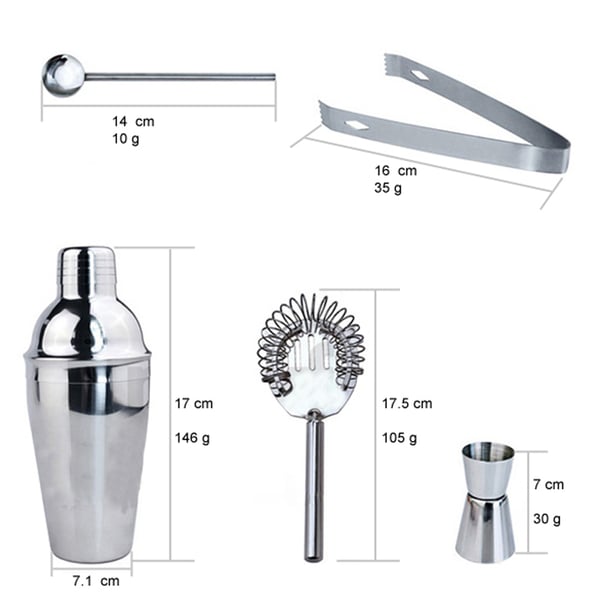 5-delt cocktailsæt, barsæt, shaker 350ml - Rustfrit stål