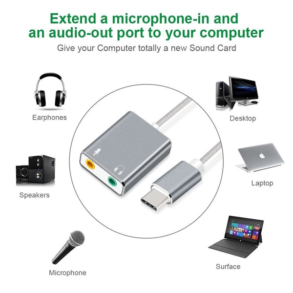 USB-C Lydadapter Ekstern Stereo Lydkortadapter med 3,5 mm