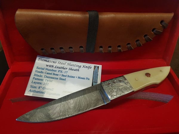 PreMax PX17 käsintehty damaskiteräinen metsästysveitsi – 352 kerrosta 15N20/1095, HRC 58, 107 mm terä, 105 mm kahva