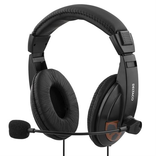 DELTACO headset, sluten, volymkontroll på kabeln, 2x3,5mm, 2m