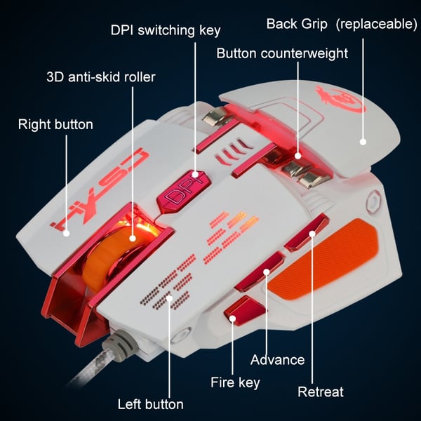 HXSJ X 200 7 knapper 4000 DPI LED USB optisk gamingmus hvid
