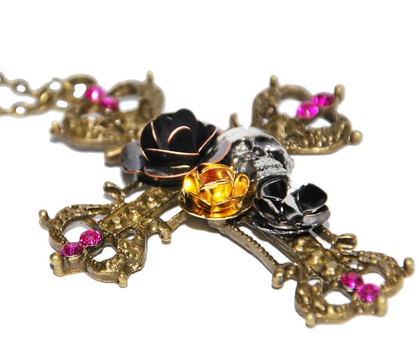 Halskæde Cross kranium blomster rhinestone vintage retro