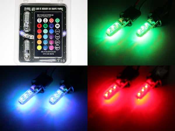 T10 w5w RBG kaukosäätimellä. LED-polttimot, 2 kpl, 12 V DC, pimp-tyylinen.