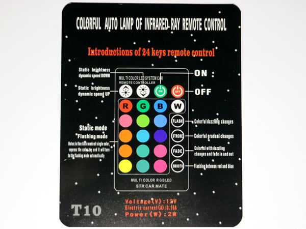 T10 w5w RBG kaukosäätimellä. LED-polttimot, 2 kpl, 12 V DC, pimp-tyylinen.