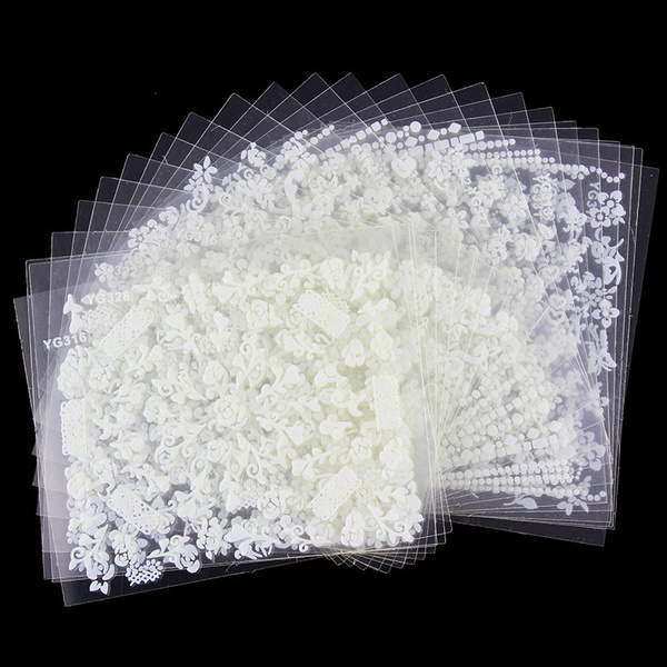 10st ark vita nageldekorationer blommor stickers